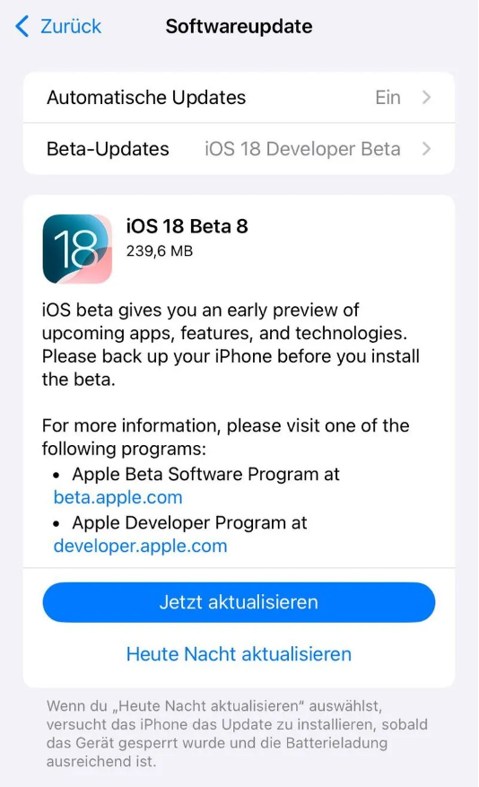 杨陵苹果手机维修分享苹果 iOS / iPadOS 18 开发者预览版 Beta 8 发布 